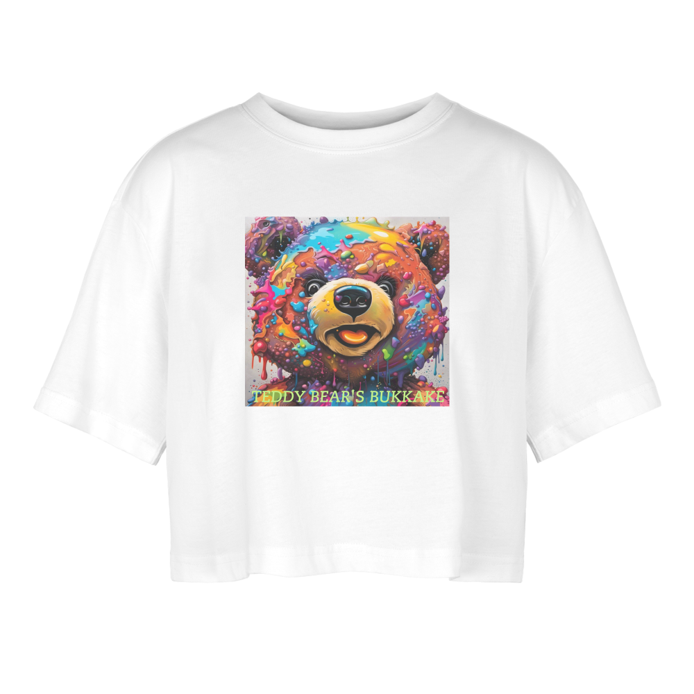 TEDDY BEAR'S BUKKAKE!! WOMEN'S OVERSIZED CROP TOP - white