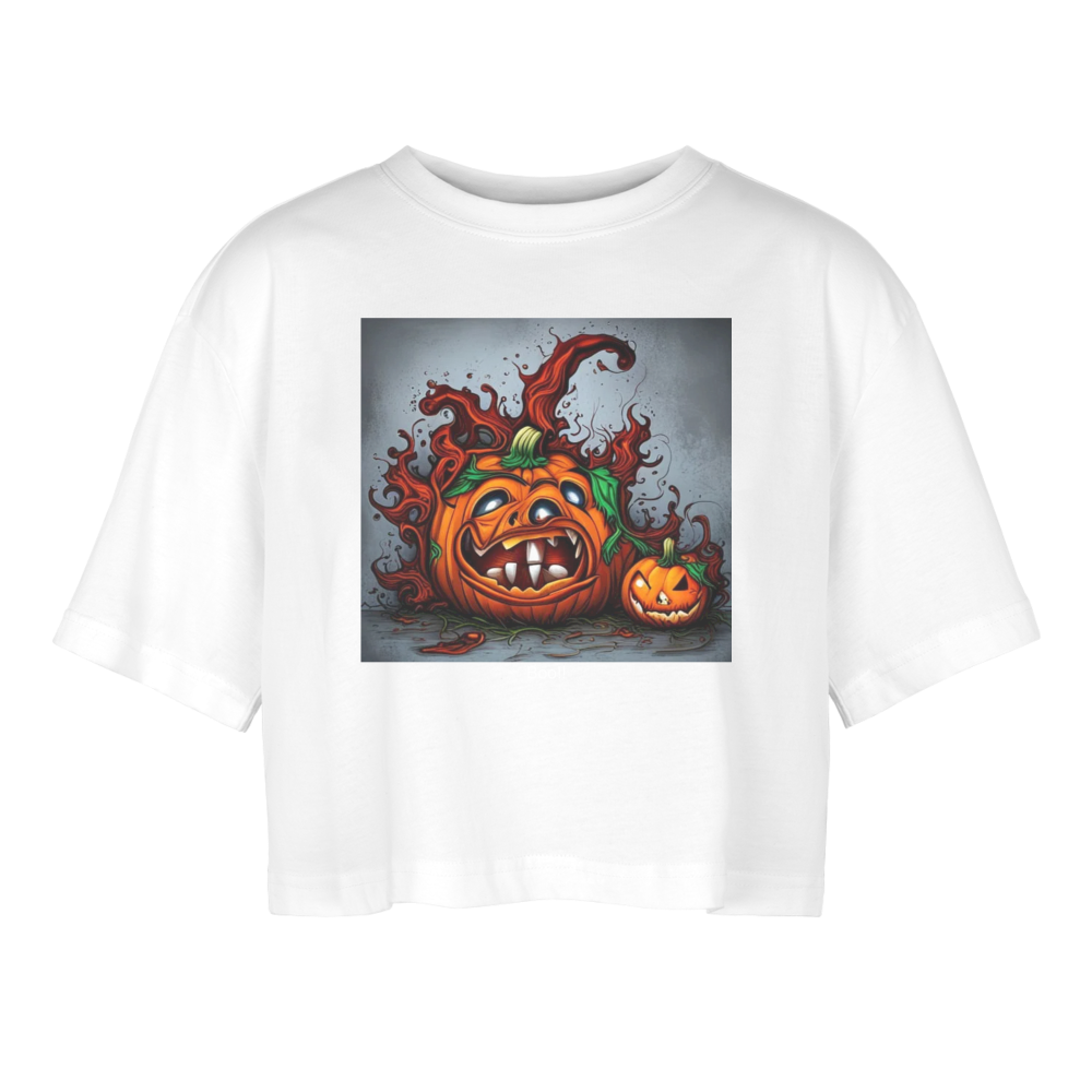 SPOOKY PUMKINS!! WOMEN'S OVERSIZED CROP TOP - white